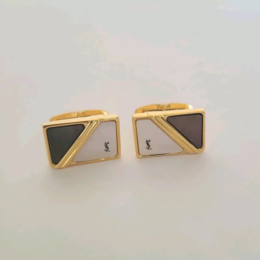Yves Saint Laurent YSL Gold Pearl Tone Rectangle Cufflinks Designer Retro Whale